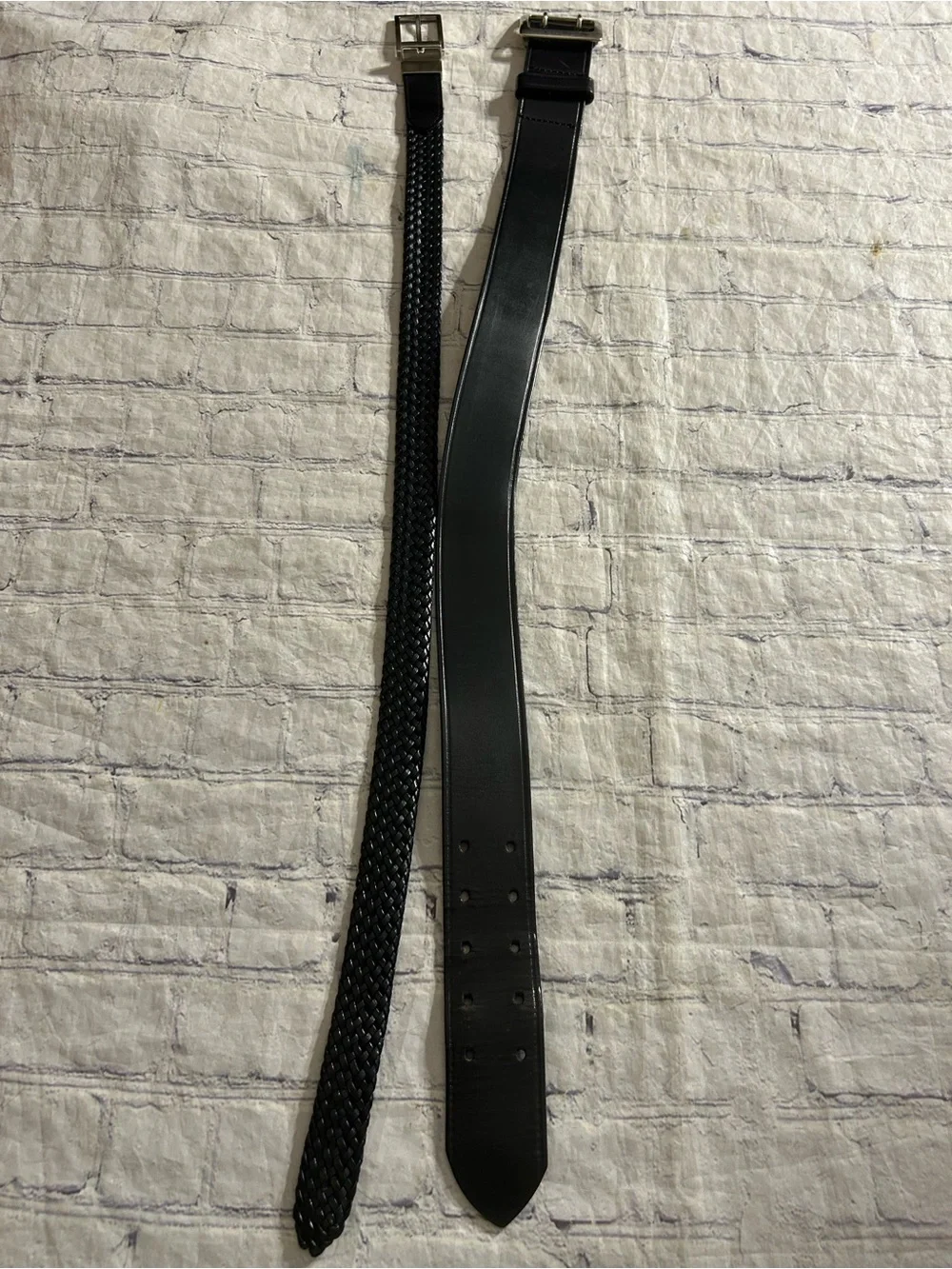 BLACK WAXED LEATHER (BWF) RUGGED BELT SIZE 28 & BLACK WOVEN REVERSIBLE BELT 28